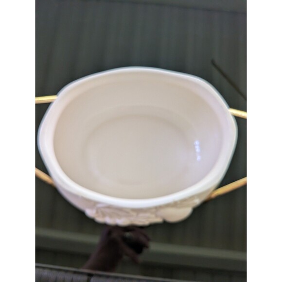 Teleflora Soup Tureen Serving Bowl Lidded Metal Rack Gold Accents Fruit Designs - Picture 6 of 12